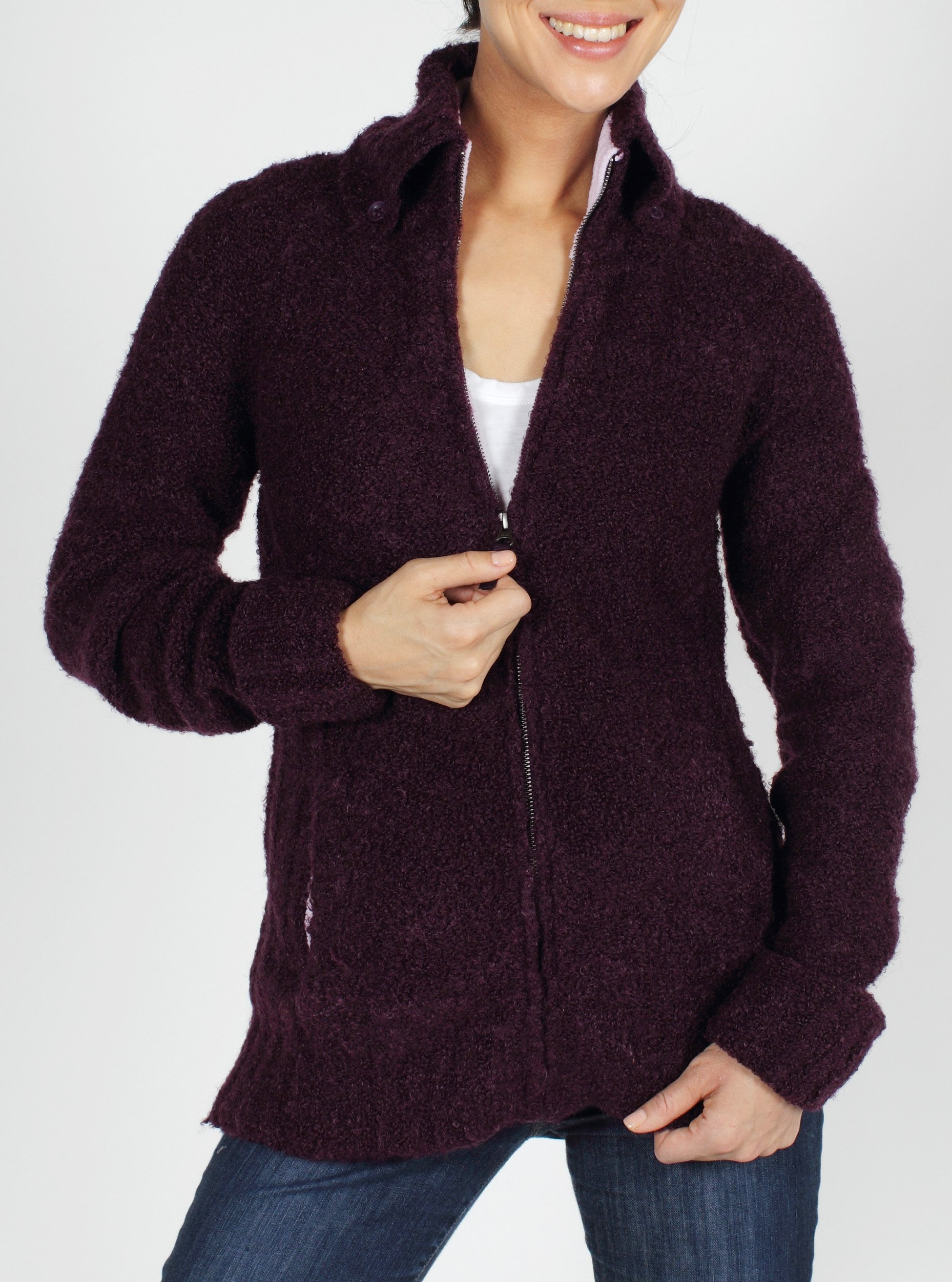 The Chaleur Boucle Zip Front Sweater features a soft wool blend that will ...