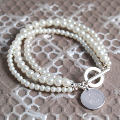 Engraved Triple Strand Pearl Bracelet with Charm for Bridesmaids