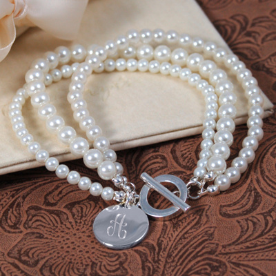 Triple Strand Pearl Bracelet with Charm