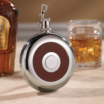 Round Stainless Steel and Leather Flask