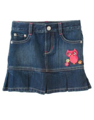 Gem Owl Pleated Jean Skirt