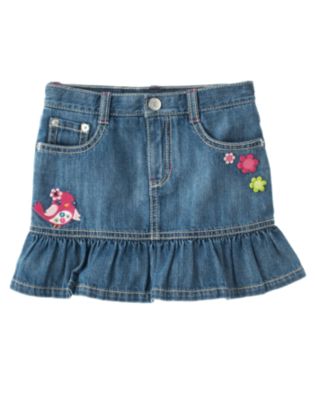 Embroidered Bird Flower Jean Skort