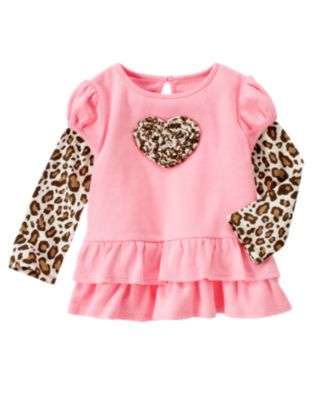 Leopard Heart Double Sleeve Ruffle Top