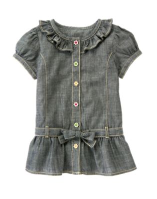 Flower Button Chambray Tunic Top