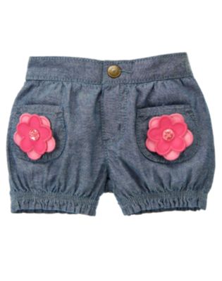Gem Button Flower Chambray Short