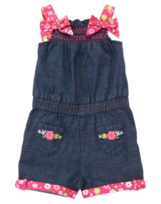 Flower Smocked Chambray Romper