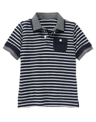 Chambray Collar Stripe Pique Polo Shirt