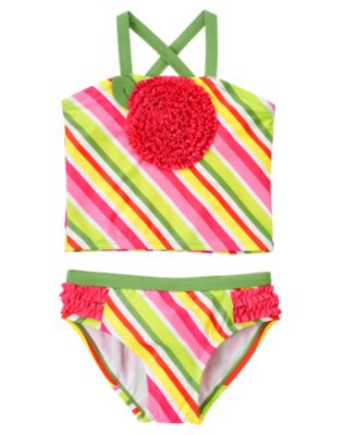 Stripe Ruffle Flower Tankini