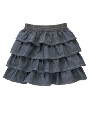 Pickstitched Tiered Chambray Skirt
