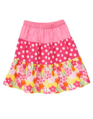 Dot Flower Mixed Print Tiered Skirt