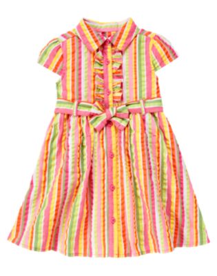 Ruffle Seersucker Stripe Belted Dress