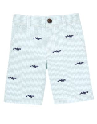 Airplane Embroidered Stripe Seersucker Short