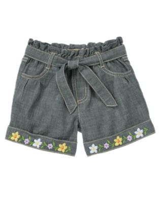 Flower Cuff Belted Chambray Short