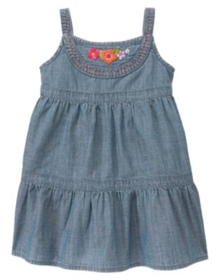 Embroidered Flower Chambray Dress