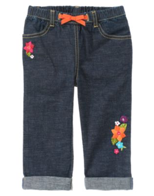 Embroidered Flower Chambray Capri Jean