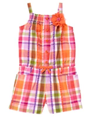 Corsage Flower Seersucker Plaid Romper