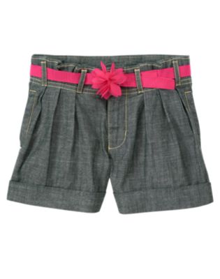 Flower Belt Pleated Chambray Short