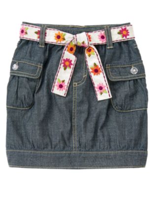 Embroidered Flower Belt Chambray Skirt