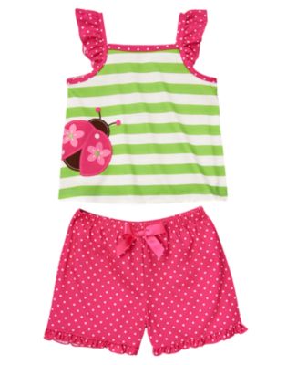 Stripe Dot Ladybug Shortie Two-Piece Pajama Set