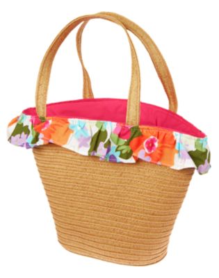 Flower Ruffle Straw Tote Bag