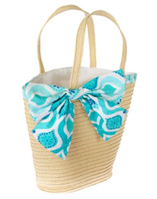 Tile Print Bow Straw Tote Bag