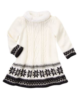 Faux Fur Collar Fair Isle Sweater Dress