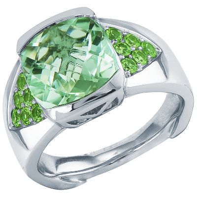 Cushion Checkerboard Cut Green Amethyst Ring
