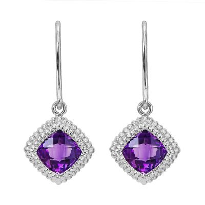 Cushion Checkerboard Cut Amethyst Earrings