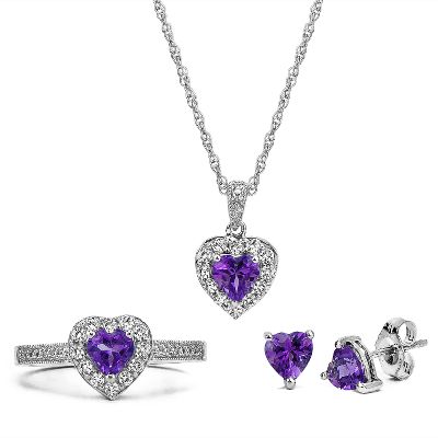 Heart-Shaped Amethyst Ring, Pendant & Earrings Boxed Set