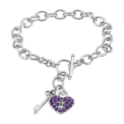 Amethyst Key & Heart Charm Bracelet