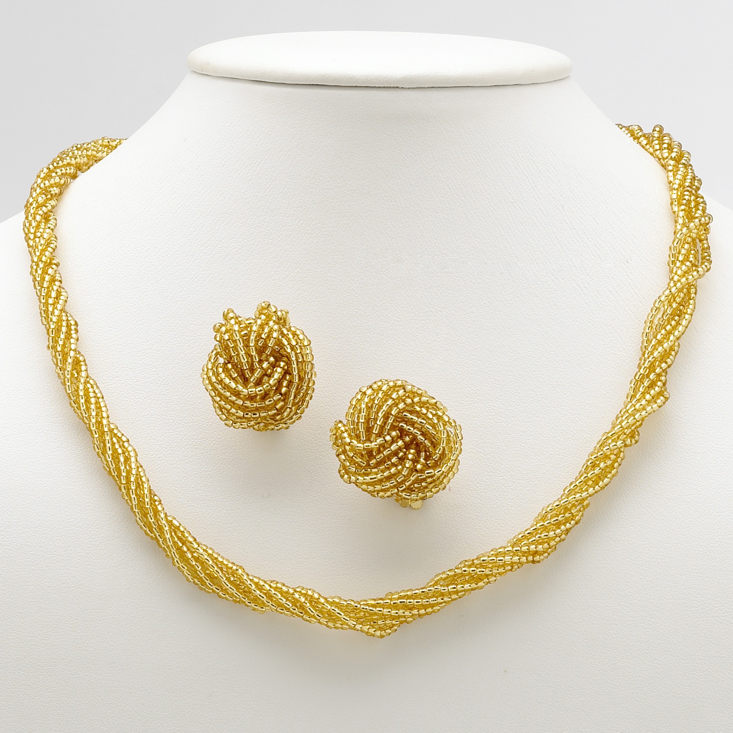 Goldtone Metal Beaded Lucite Necklace and Clip-On Earring Set