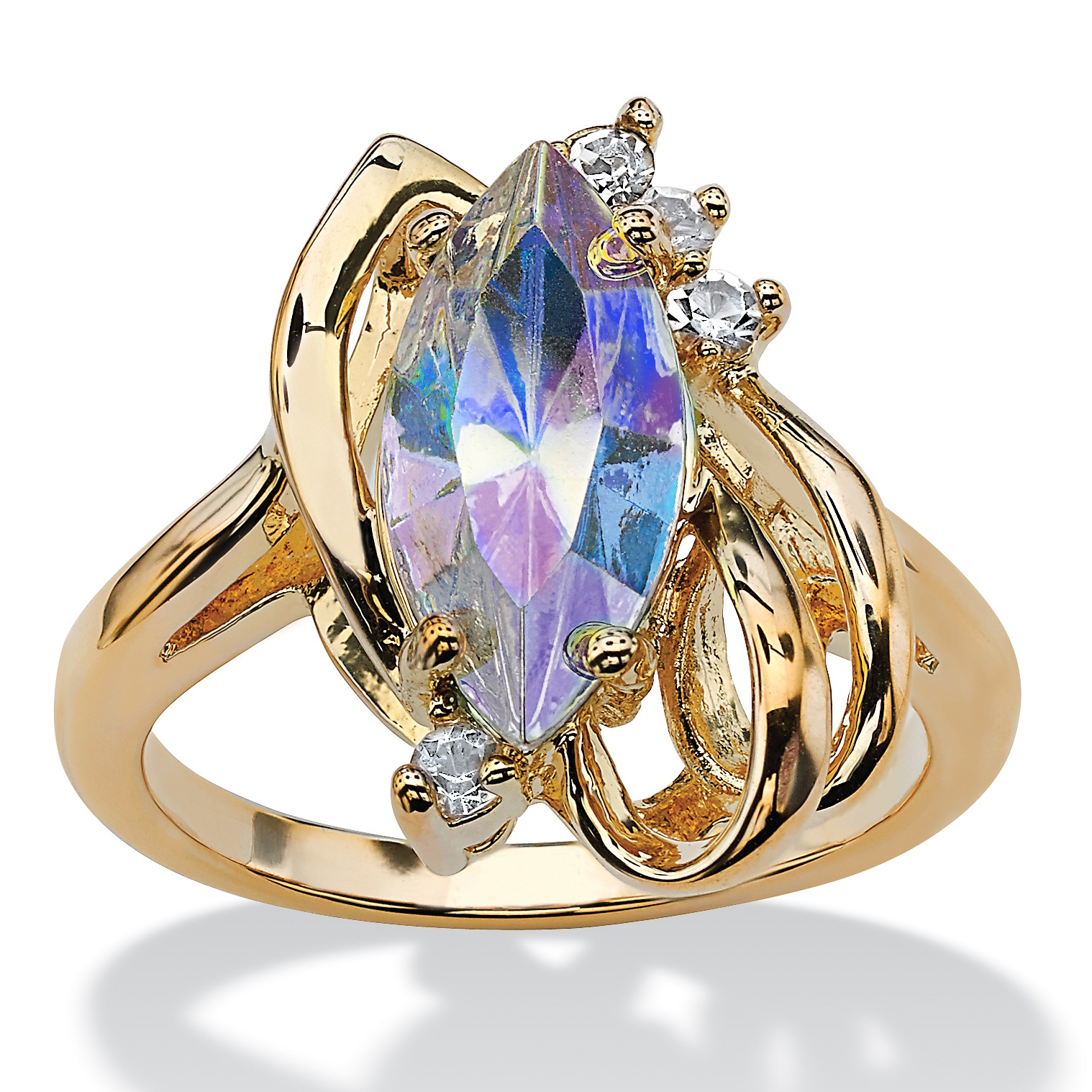 14k Gold-Plated Marquise Aurora Borealis and White Crystal Ring