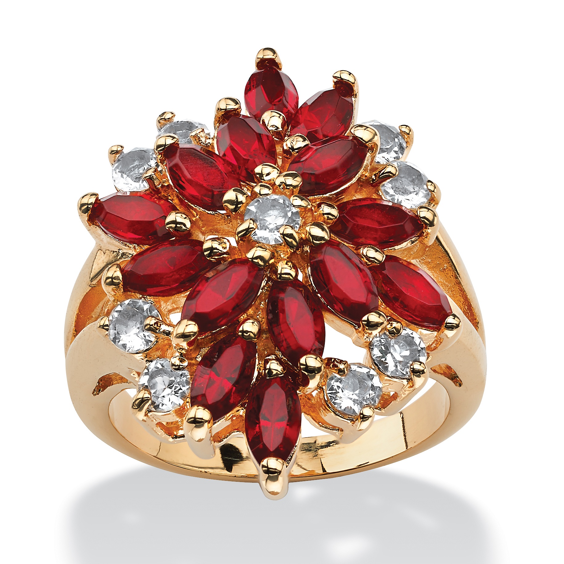 14k Gold-Plated Red and White Multi-Crystal Ring