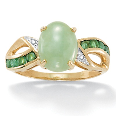 10k Gold Green Jade, Emerald and Diamond Accent Ring