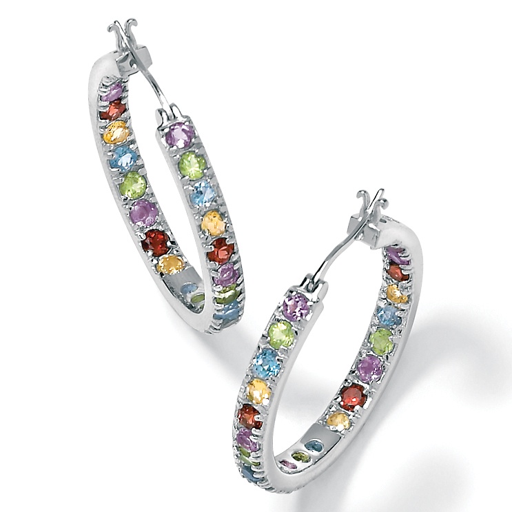 Multi-Gem Silver Hoop Earrings