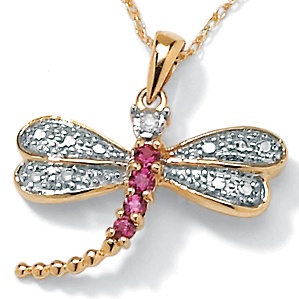 Rhodolite Diamond Accent Dragonfly 10k Pendant