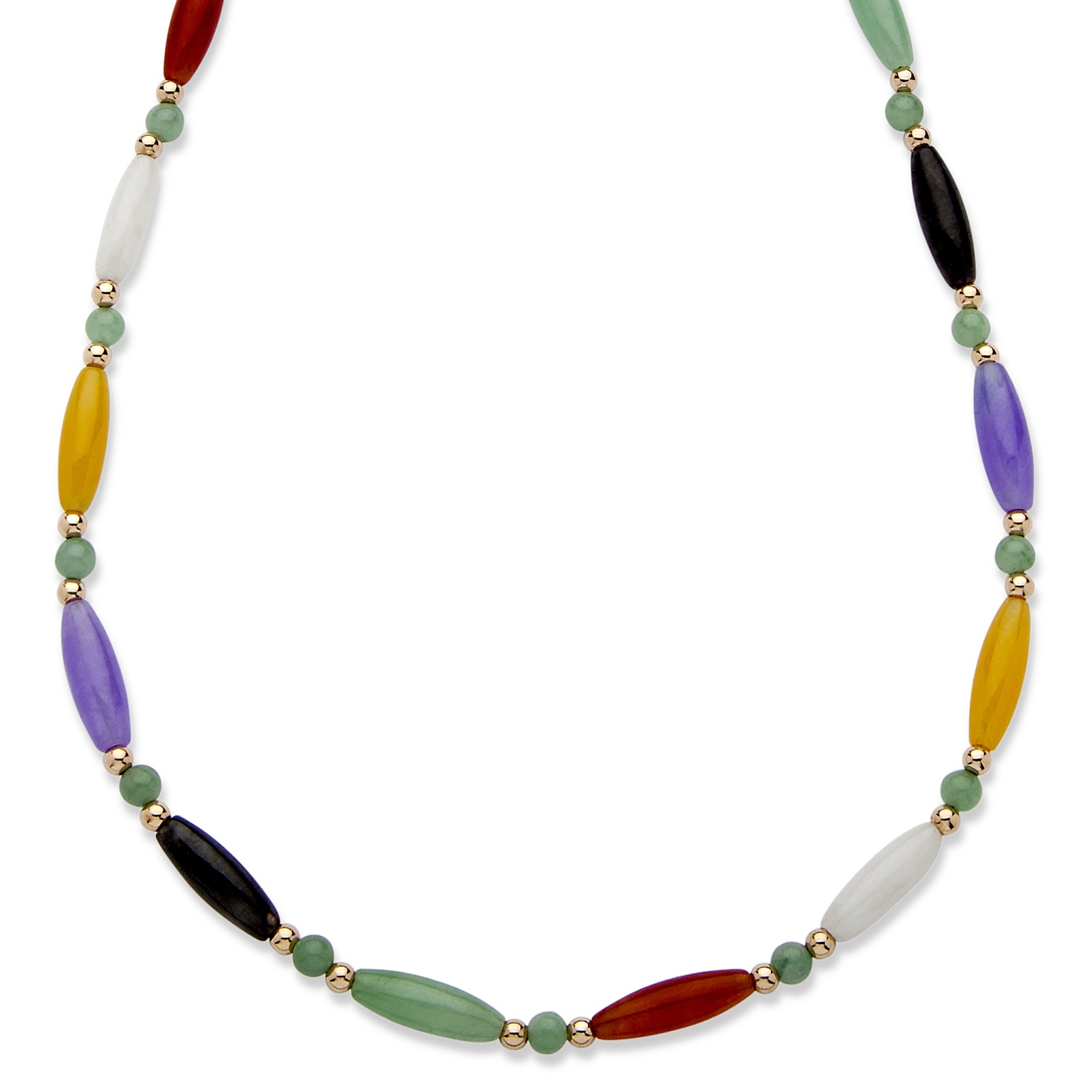 Multi-Color Genuine Jade 14k Yellow Gold Beaded and Barrel Shapes Link Necklace 18