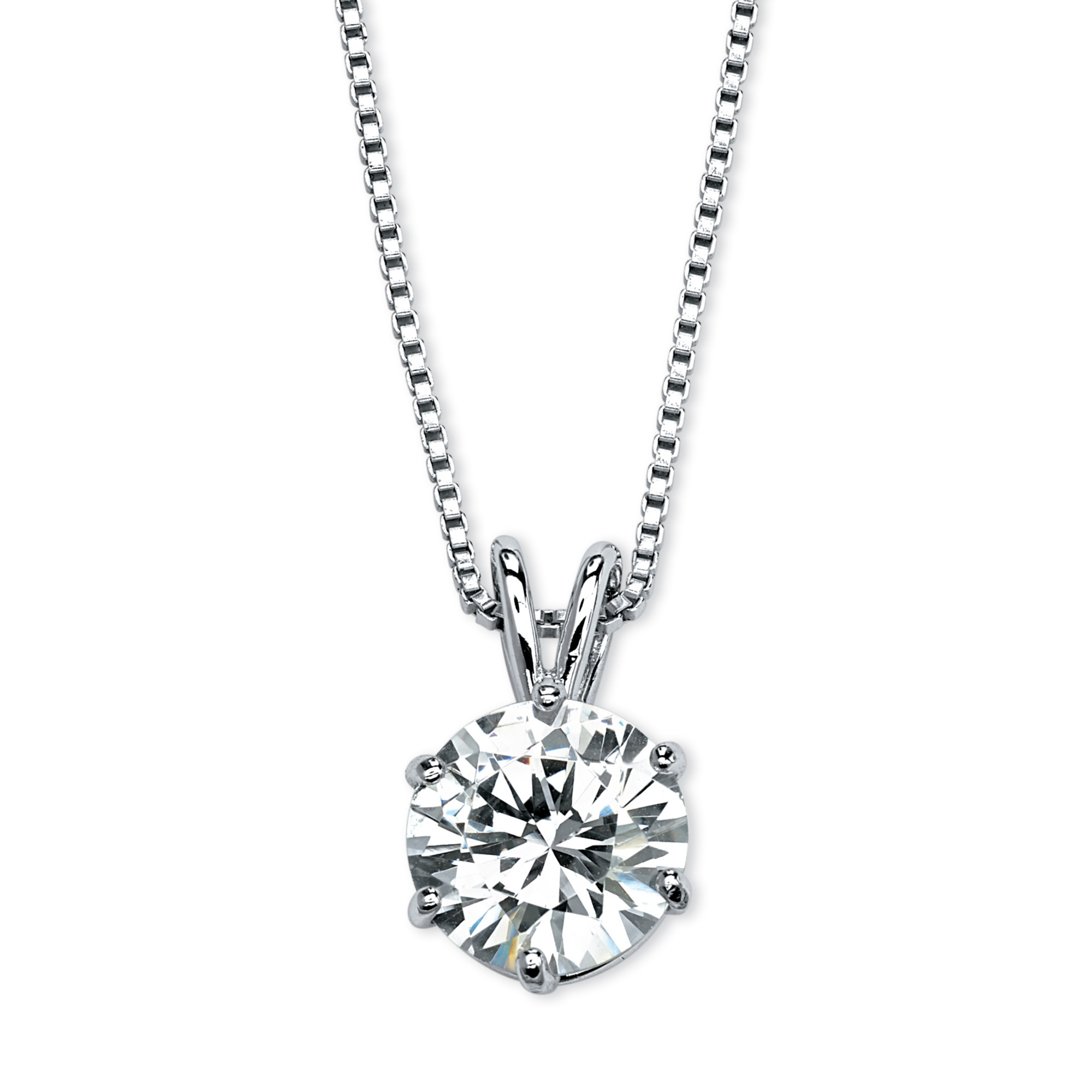 3-Carat Round Cubic Zirconia Platinum over Sterling Silver Solitaire Pendant and Box Chain 18"