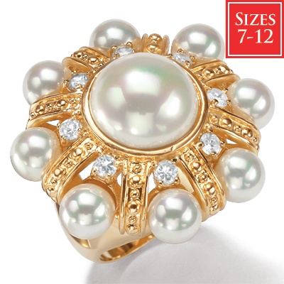Sim. Pearl & DiamonUltra™ CZ 14k Gold-plated Celebrity Ring, Sizes 7-12