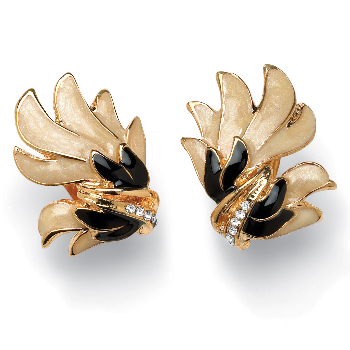 Goldtone Enamel Rhinestone Leaf Clip-On Earrings