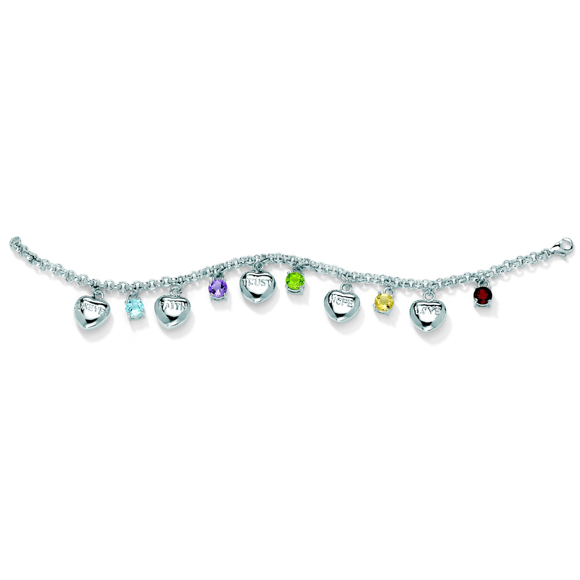 Multi-Gem Sterling Silver Charm Bracelet 7 1/4"