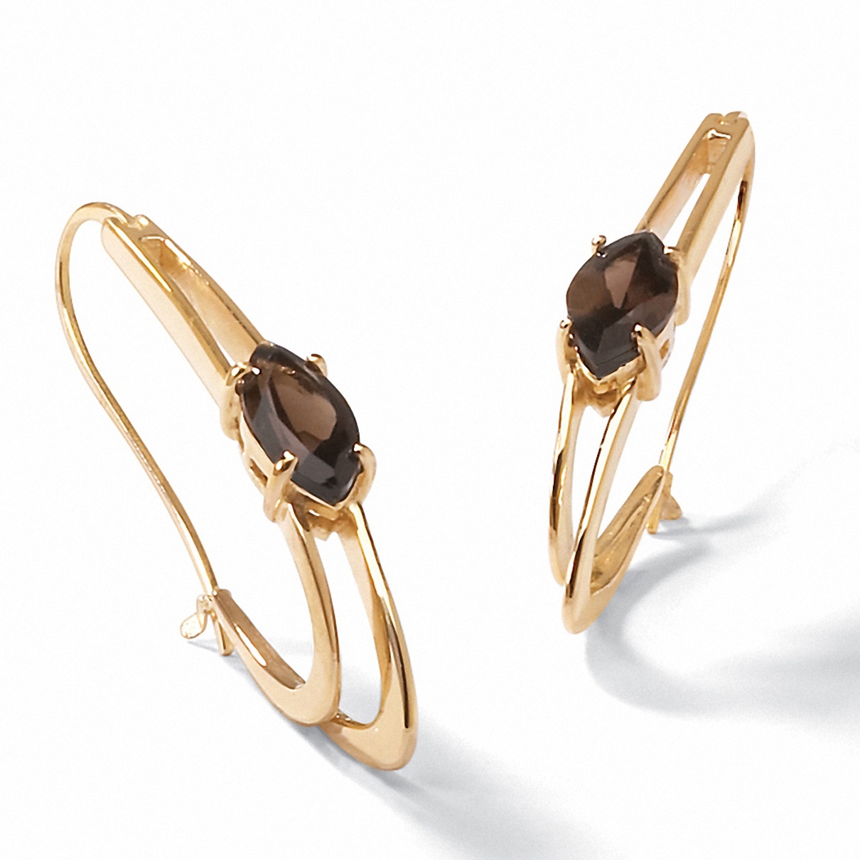 Gold Electroplate Smoky Quartz Oblong Hoop Pierced Earrings