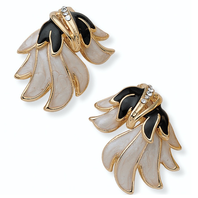 Goldtone Enamel Rhinestone Leaf Pierced Earrings