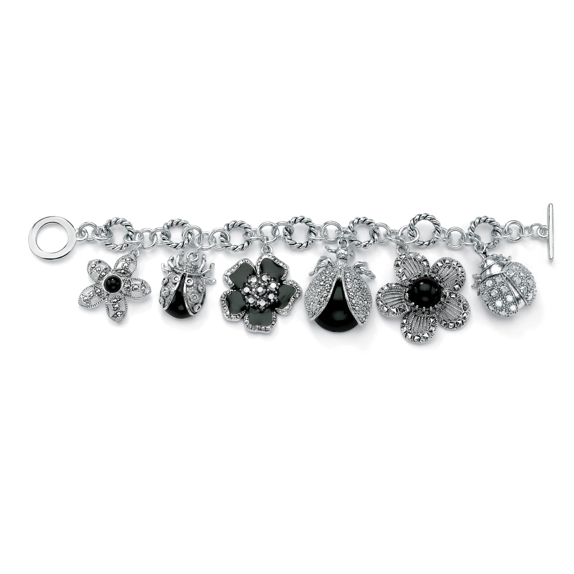 Simulated Hematite and Crystal Ladybug and Flower Silvertone Charm Bracelet
