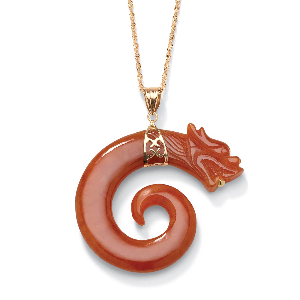 Red Jade 10k Gold Dragon Swirl Pendant