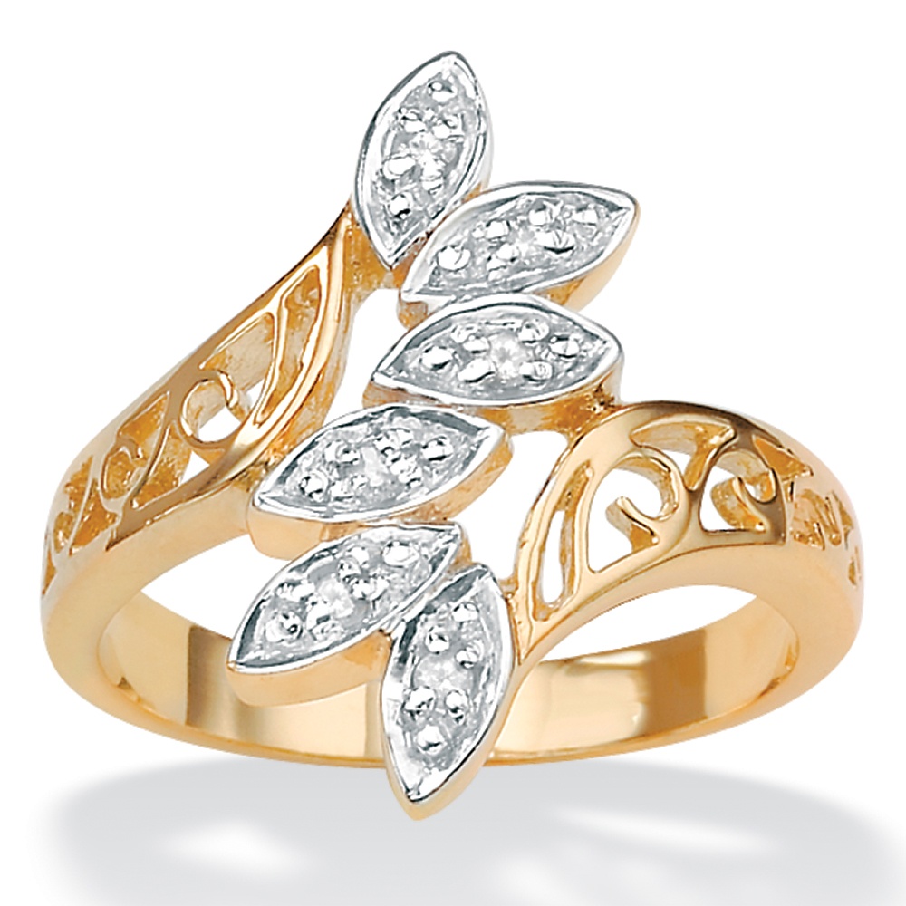 Diamond Acc. 18k gold (40 mils) over Sterling Silver Leaf Ring