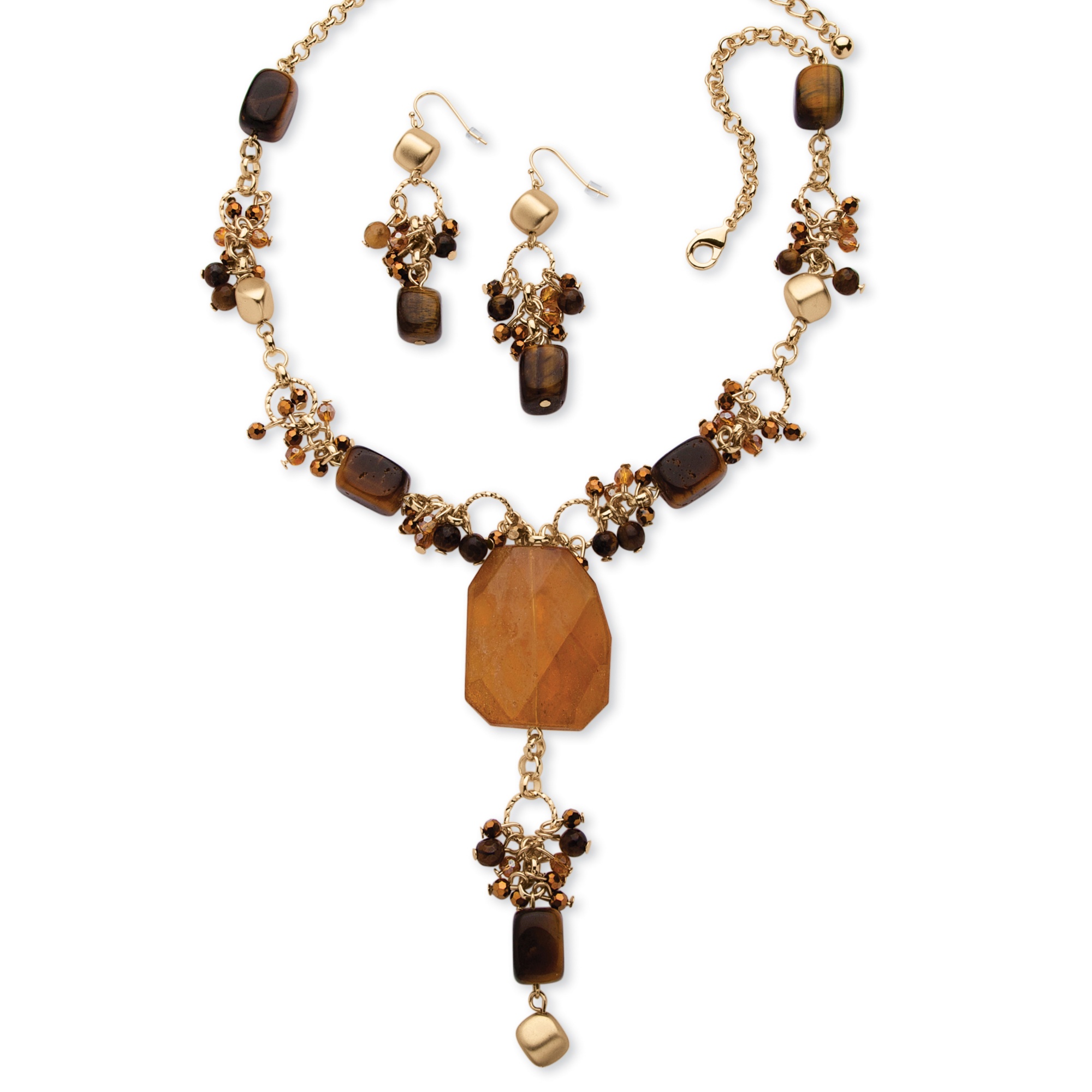 Tiger's-Eye Pendant-Necklace and Pierced Earring Set