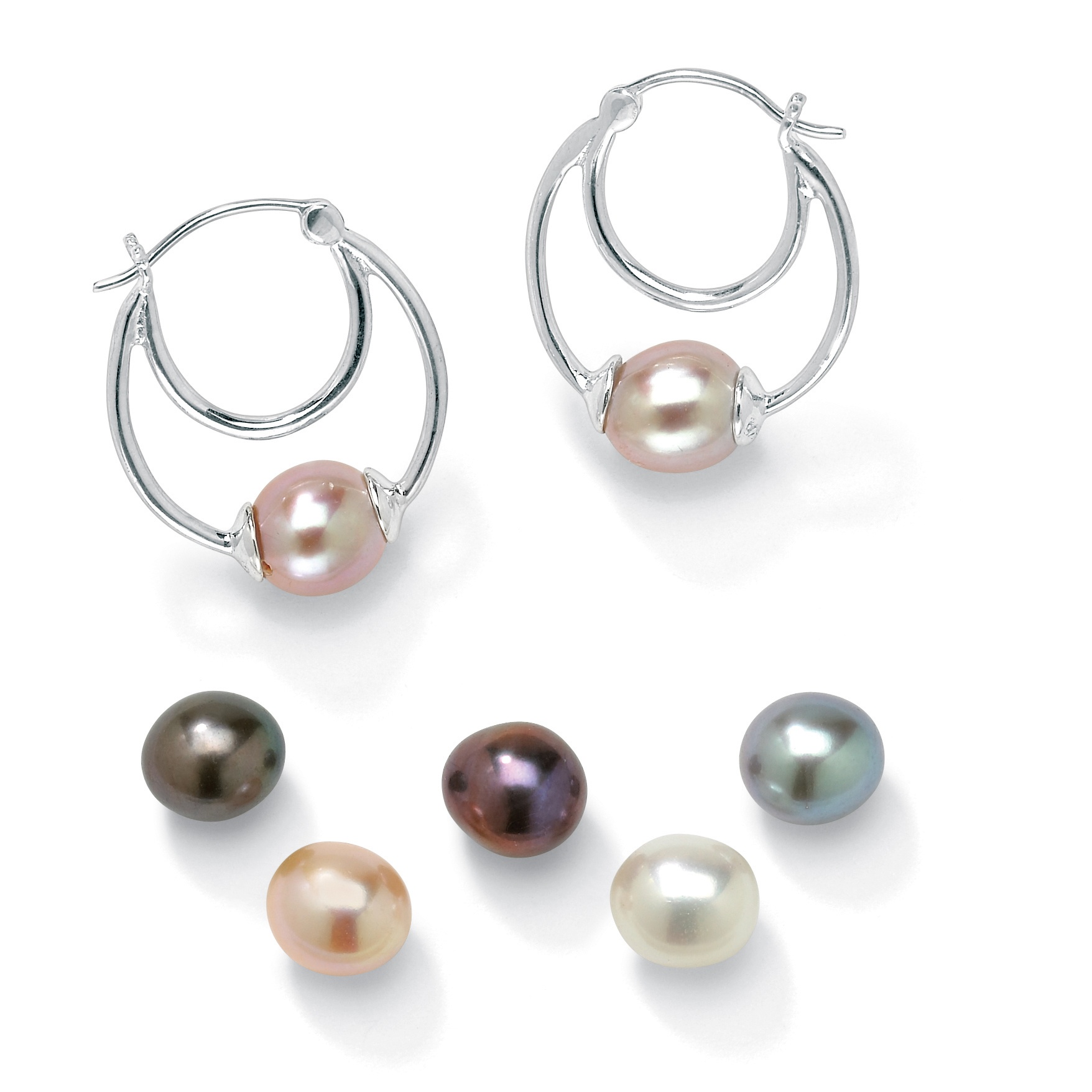 Six Sets Of Interchangeable Freshwater Pearl Silver Hoop Earrings