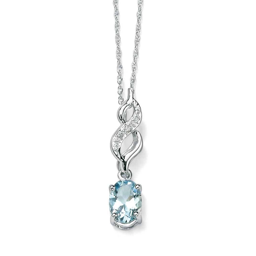 Aquamarine and Diamond Accent Pendant With 18" Chain 10k White Gold
