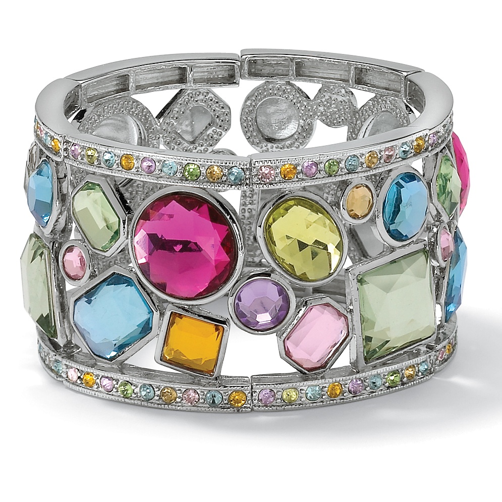 Silver Tone Multi-Colored Crystal and Glass Geometric Stretch Bracelet